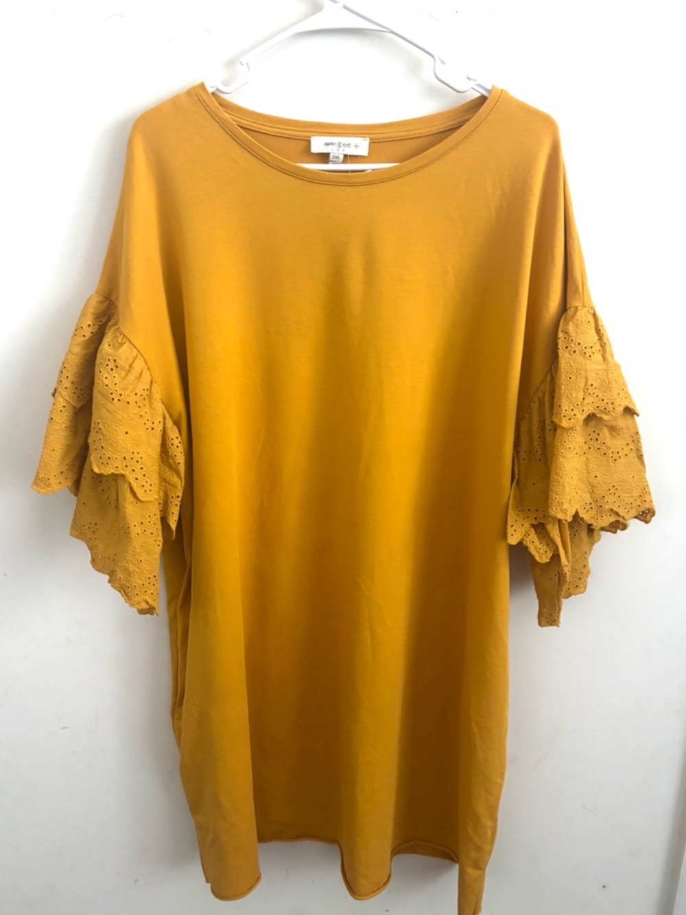 Umgee Plus Womens Yellow 2XL Tunic Pocket Dress Eyelet Lace Ruffle Sleeve Boho